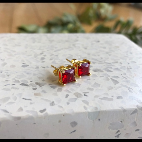 Jewelry - Princess Cut Ruby Stud Earrings | Gold Filled